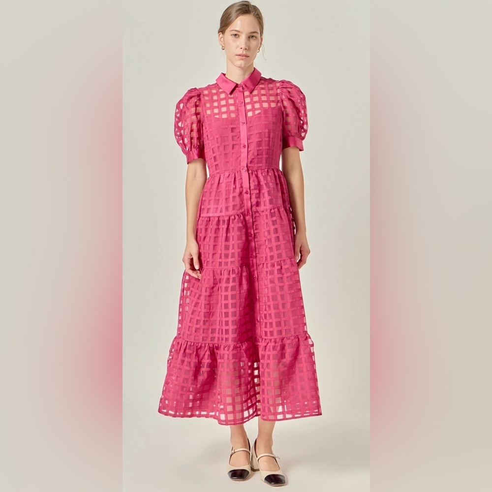 English Factory Pink Checkered Puff Sleeve Dress